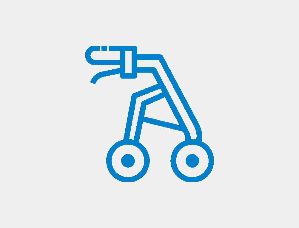 Blaues Umrisssymbol eines Rollators zur Mobilitätsunterstützung.
