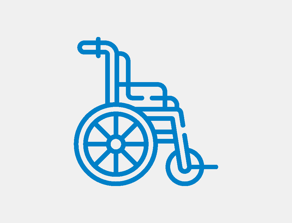 Blaue Strichzeichnung eines Rollstuhls.