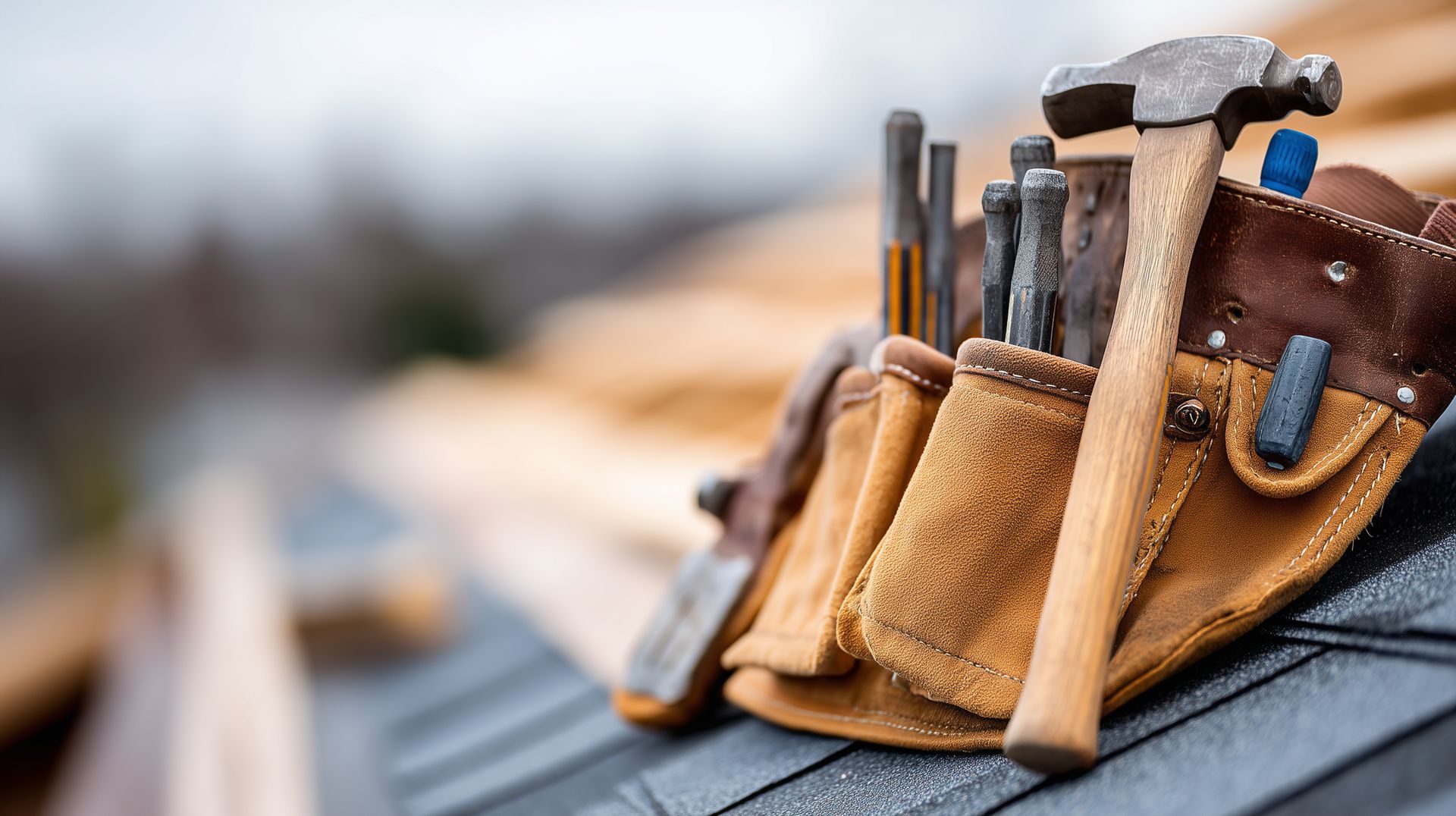 Une ceinture porte-outils en cuir, avec des marteaux et des outils à main, posée sur un toit, sur fond extérieur flou.