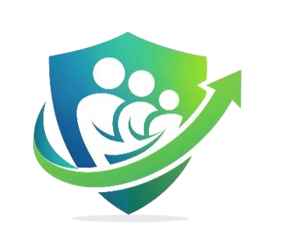 Escudo azul verdoso con la silueta de una familia y una flecha verde hacia arriba, que sugiere protección y crecimiento.
