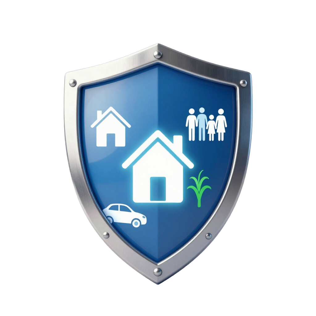 Icono de escudo azul con símbolos de la casa blanca, familia, coche y planta.