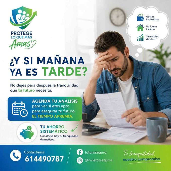 Hombre estresado revisa documentos; anuncio en español sobre ahorro y planificación financiera.