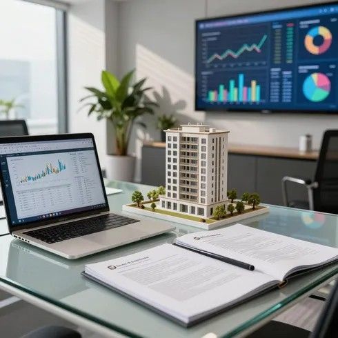 Escritorio de oficina con computadora portátil
