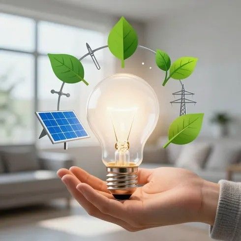 Una mano sostiene una bombilla brillante con un panel solar, hojas verdes e iconos ecológicos en una habitación luminosa.