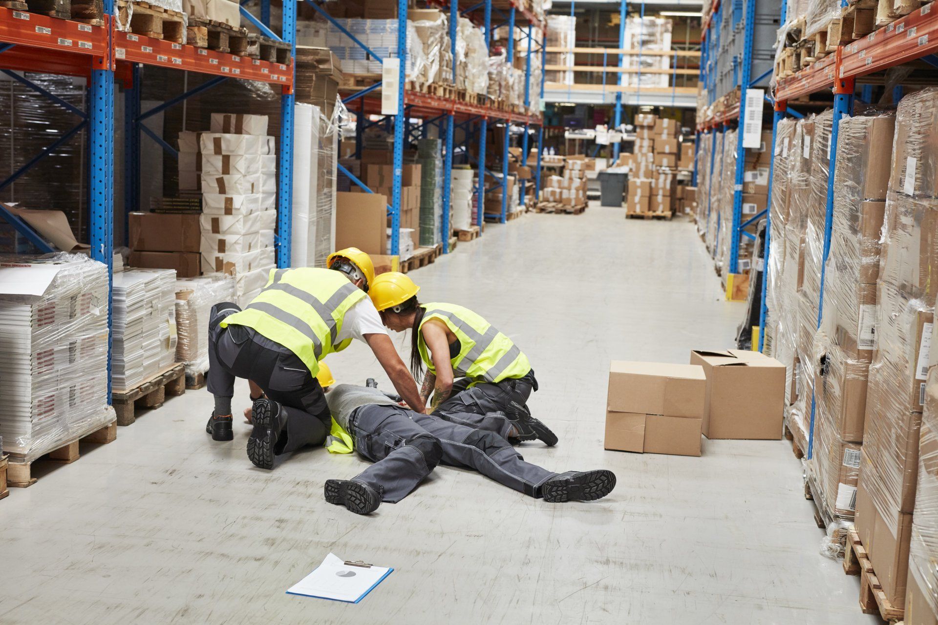 Des ouvriers agenouillés près d'une personne blessée dans une allée d'entrepôt, entourés de cartons et d'étagères.