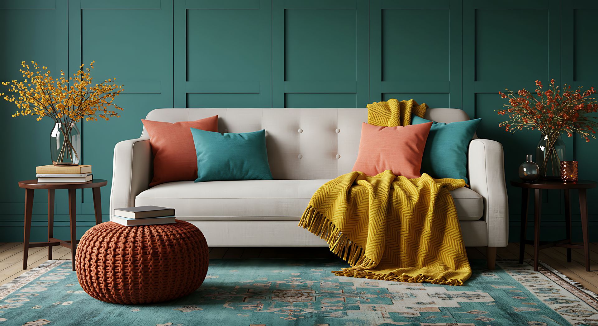 Salon moderne bleu canard avec canapé blanc, coussins colorés, plaid moutarde, pouf et tapis turquoise.