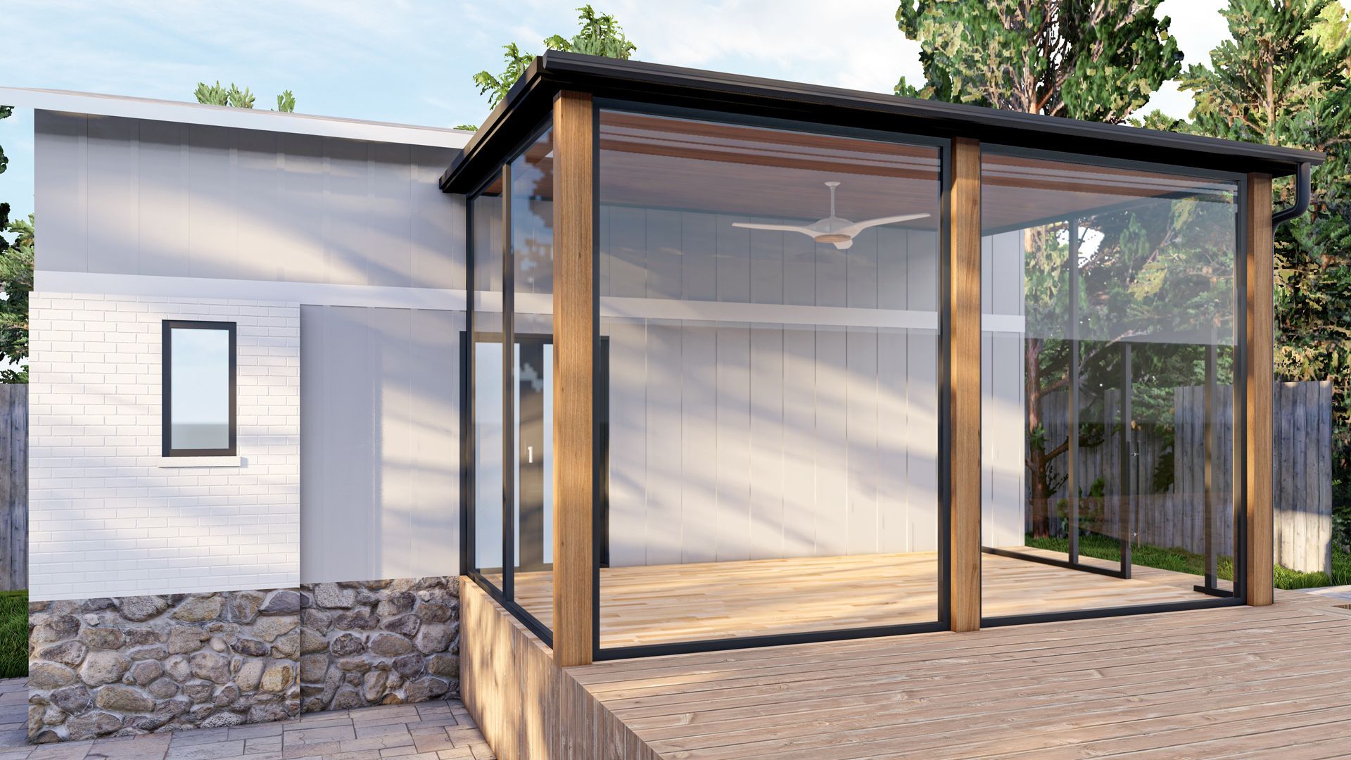 Extérieur de maison moderne avec patio vitré et terrasse à ossature en bois.