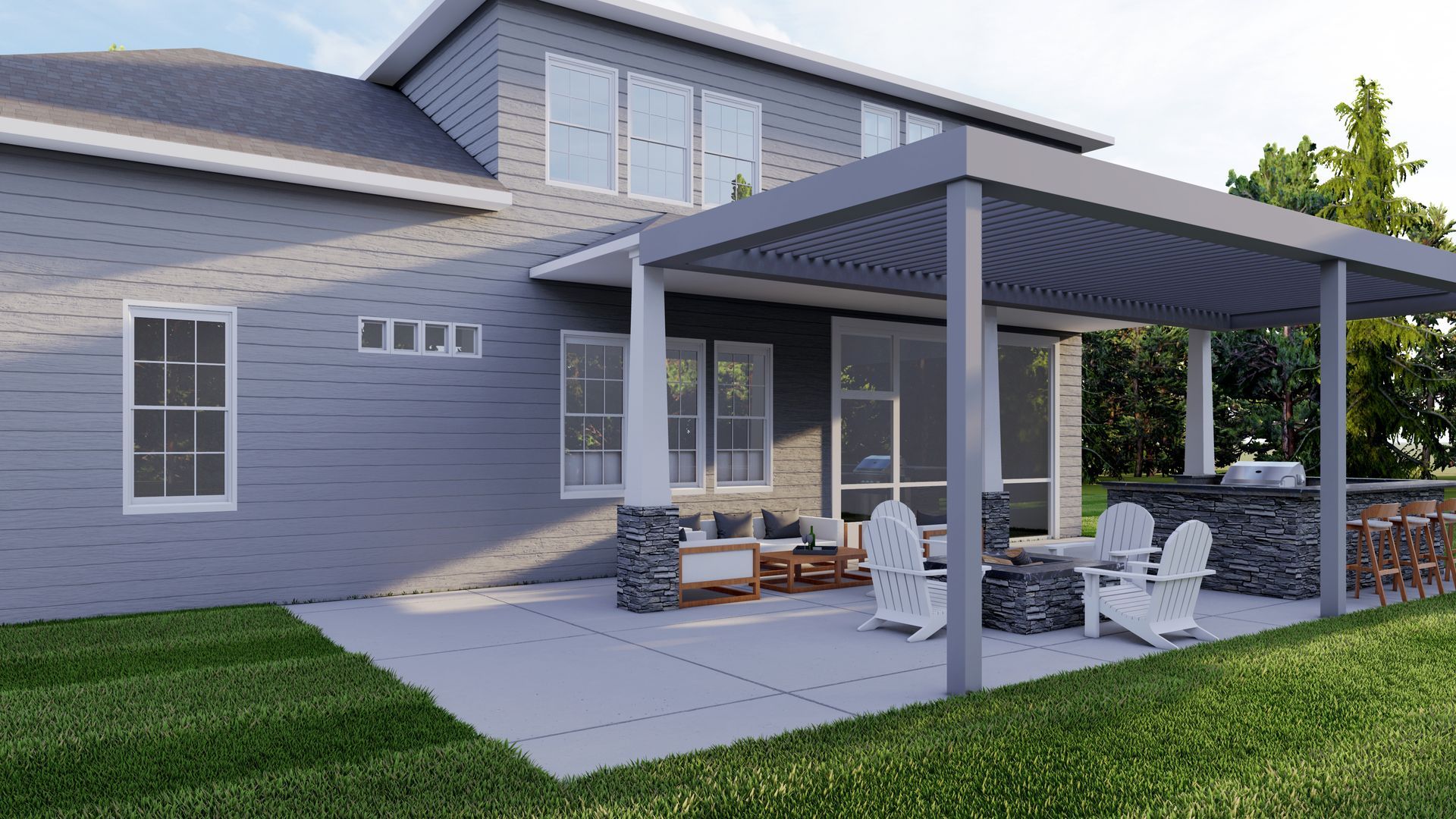Patio d'une maison moderne grise avec pergola couverte, sièges extérieurs et pelouse.