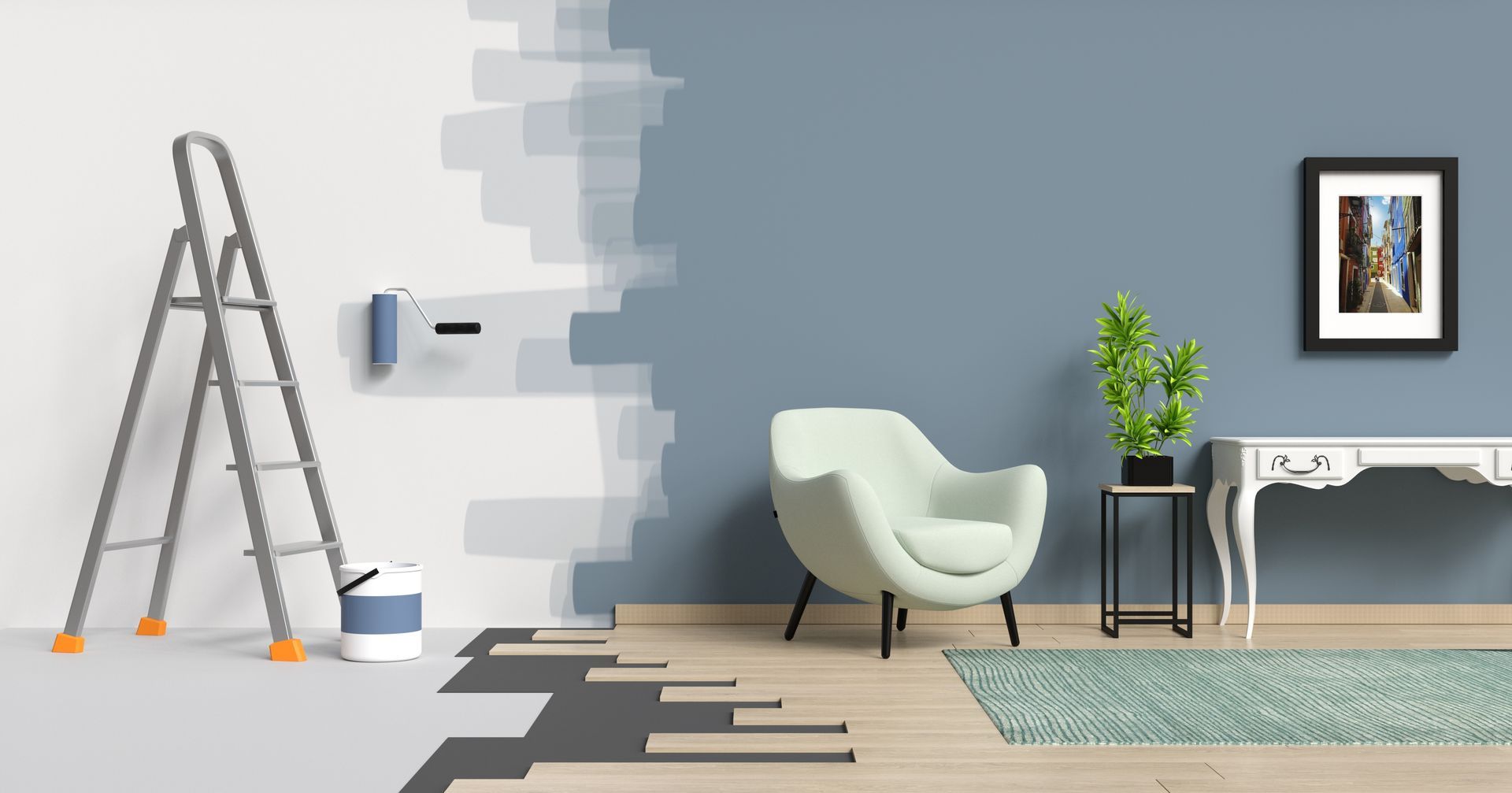 Salon moderne avec échelle, chaise blanche, table d'appoint, tapis et tableaux encadrés.