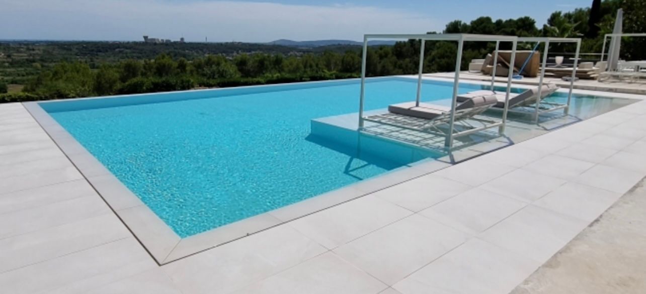 Une grande piscine avec vue sur des arbres