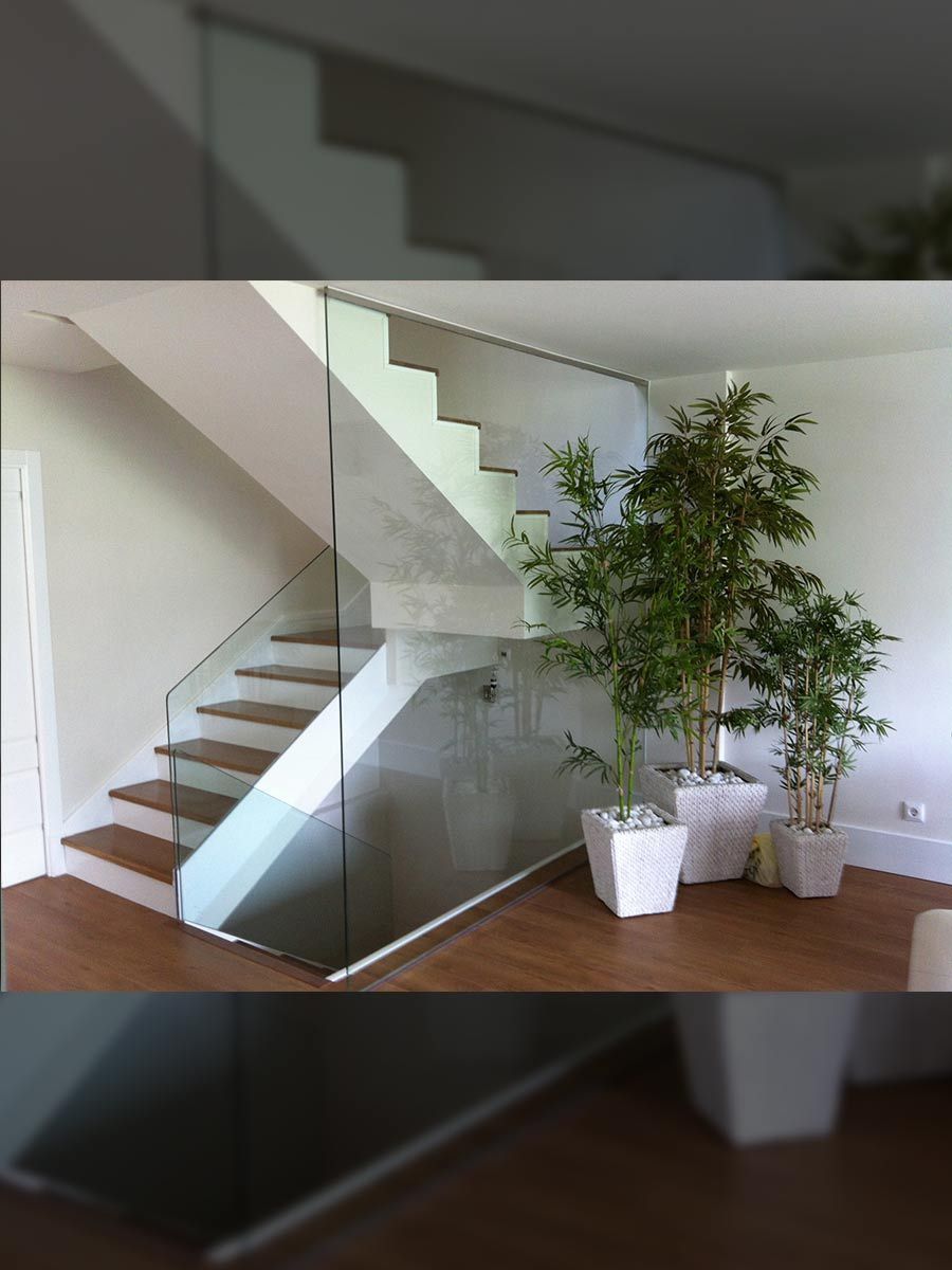 Escalera moderna con barandilla de cristal, escalones de madera y una gran planta en maceta en un espacio lleno de luz.