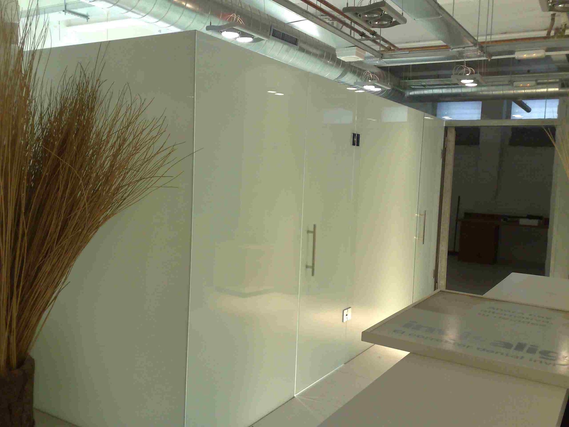 Habitación con paneles blancos con una planta decorativa a la izquierda y una puerta abierta a la derecha.