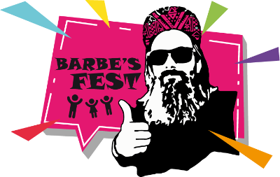 Logotipo de Barbe's Fest con una persona barbuda con gafas de sol haciendo el gesto de aprobación.