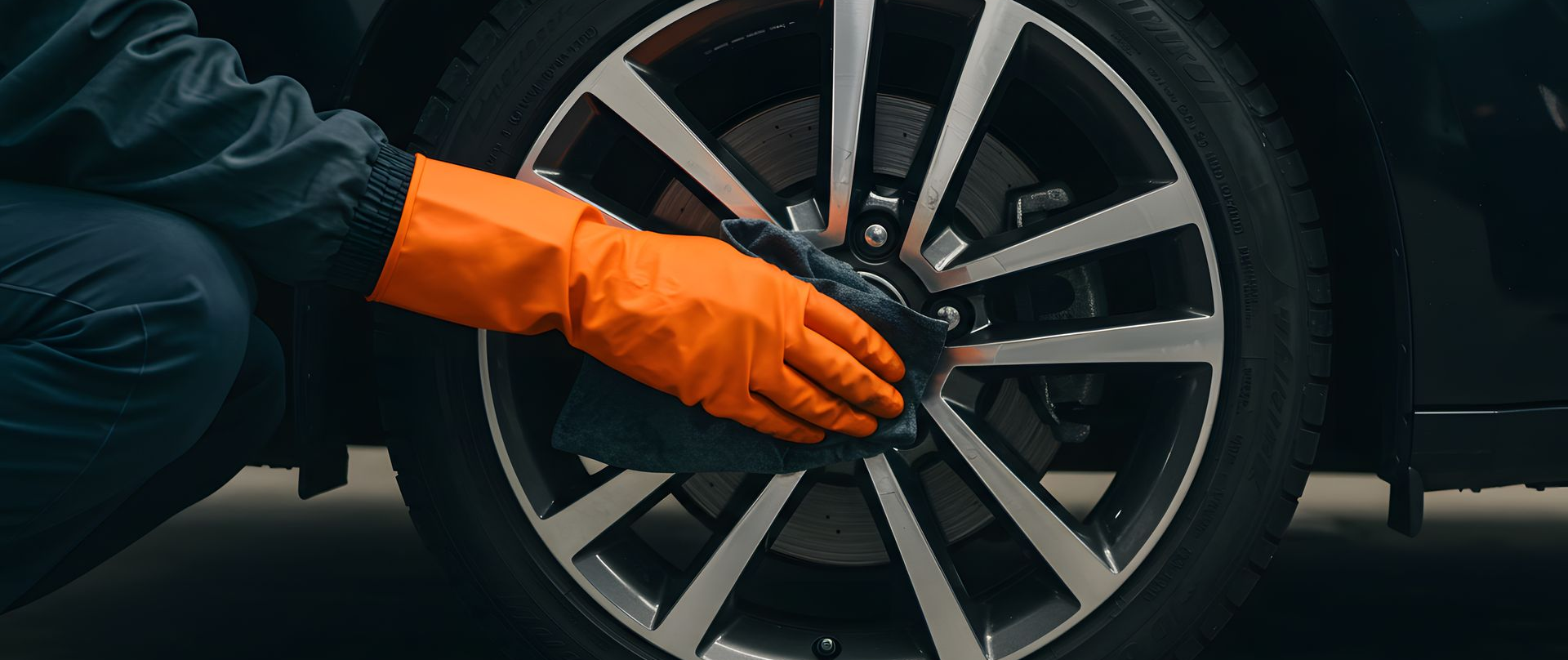 Une personne nettoie un pneu de voiture avec des gants orange et un chiffon foncé.