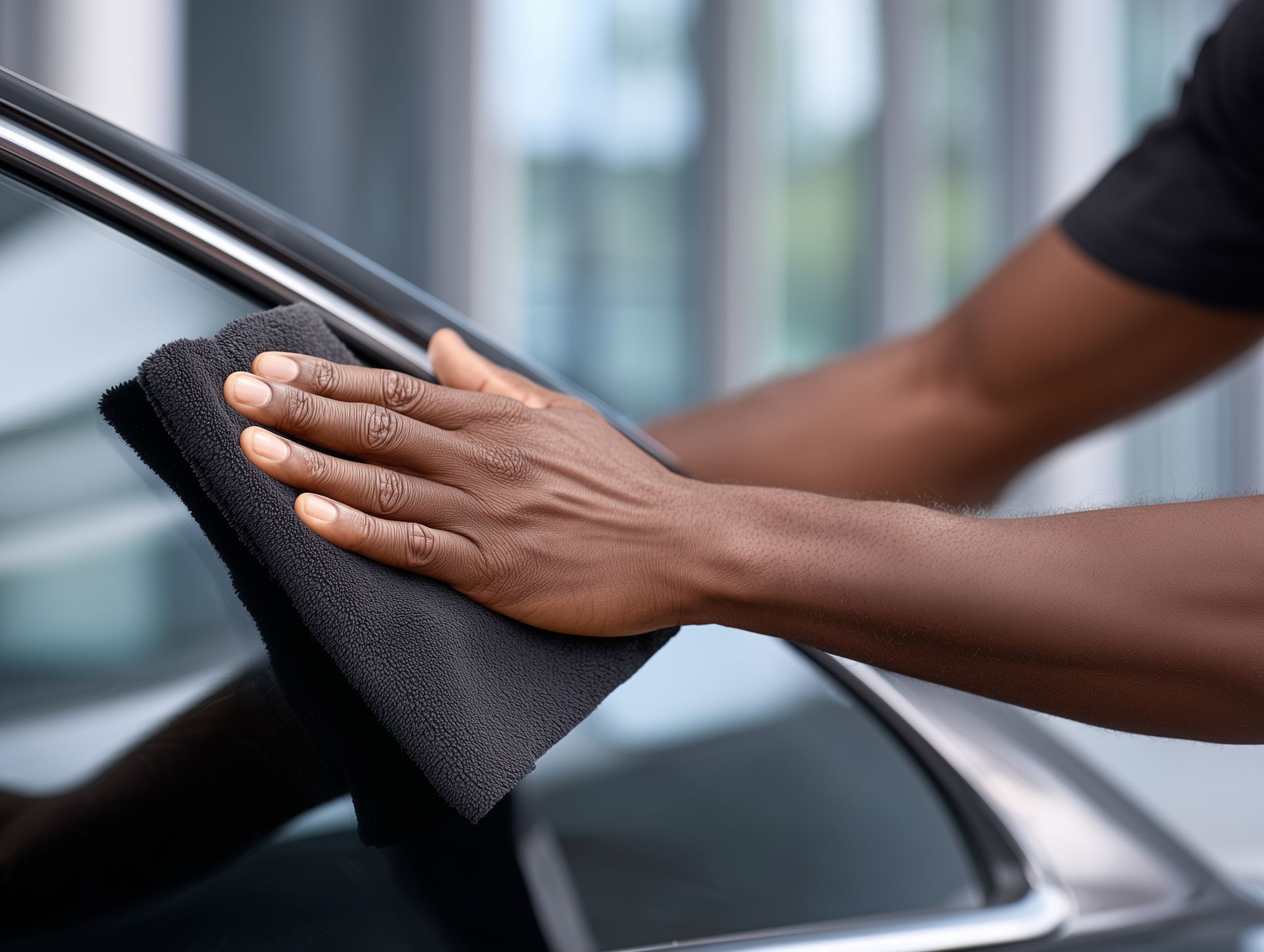 Une personne nettoie la vitre d'une voiture avec un chiffon foncé.
