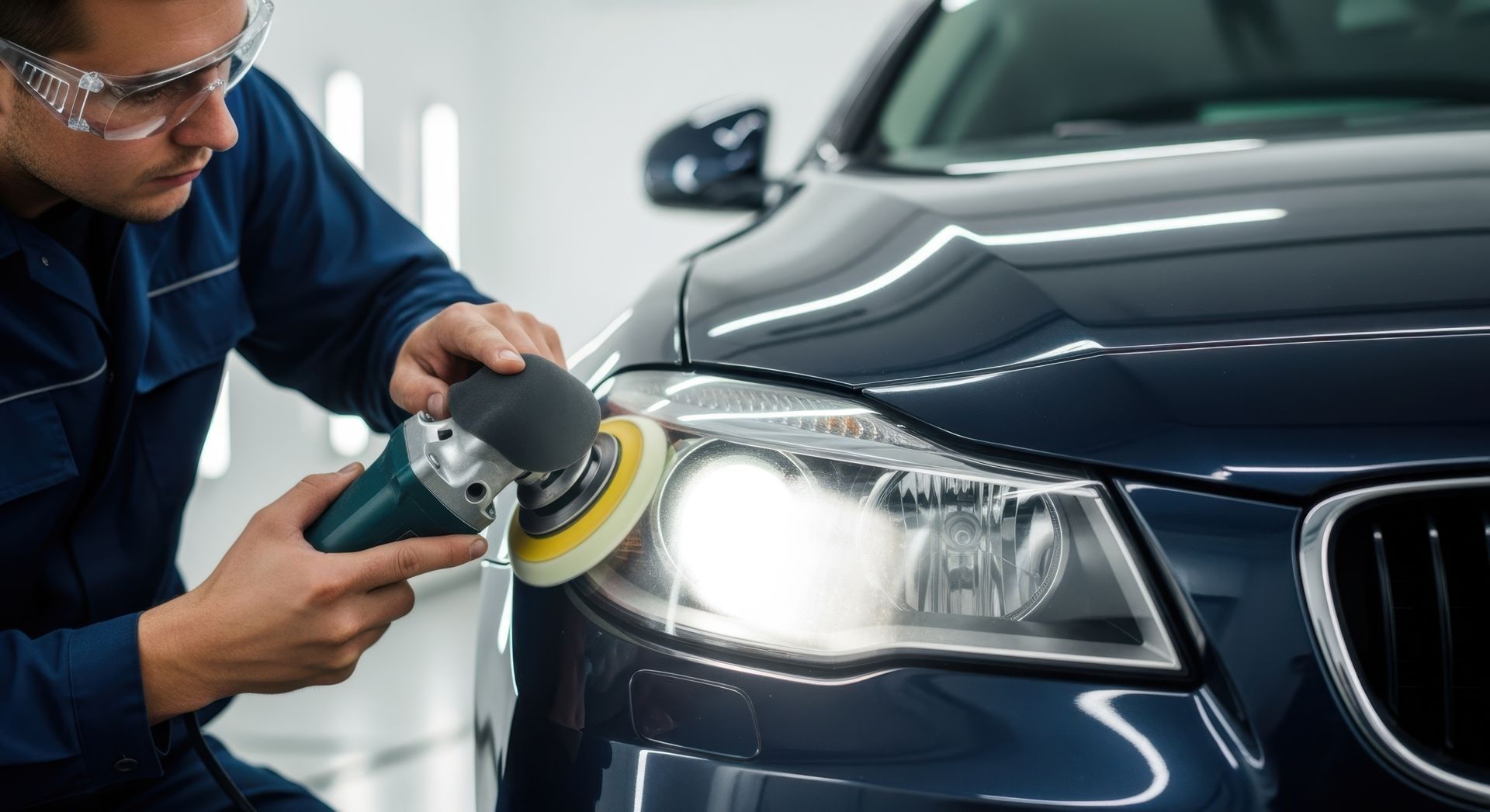 Personne utilisant une polisseuse électrique pour polir un phare de voiture.