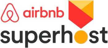 Airbnb Superhost logo in red, black, yellow, and orange on a white background
