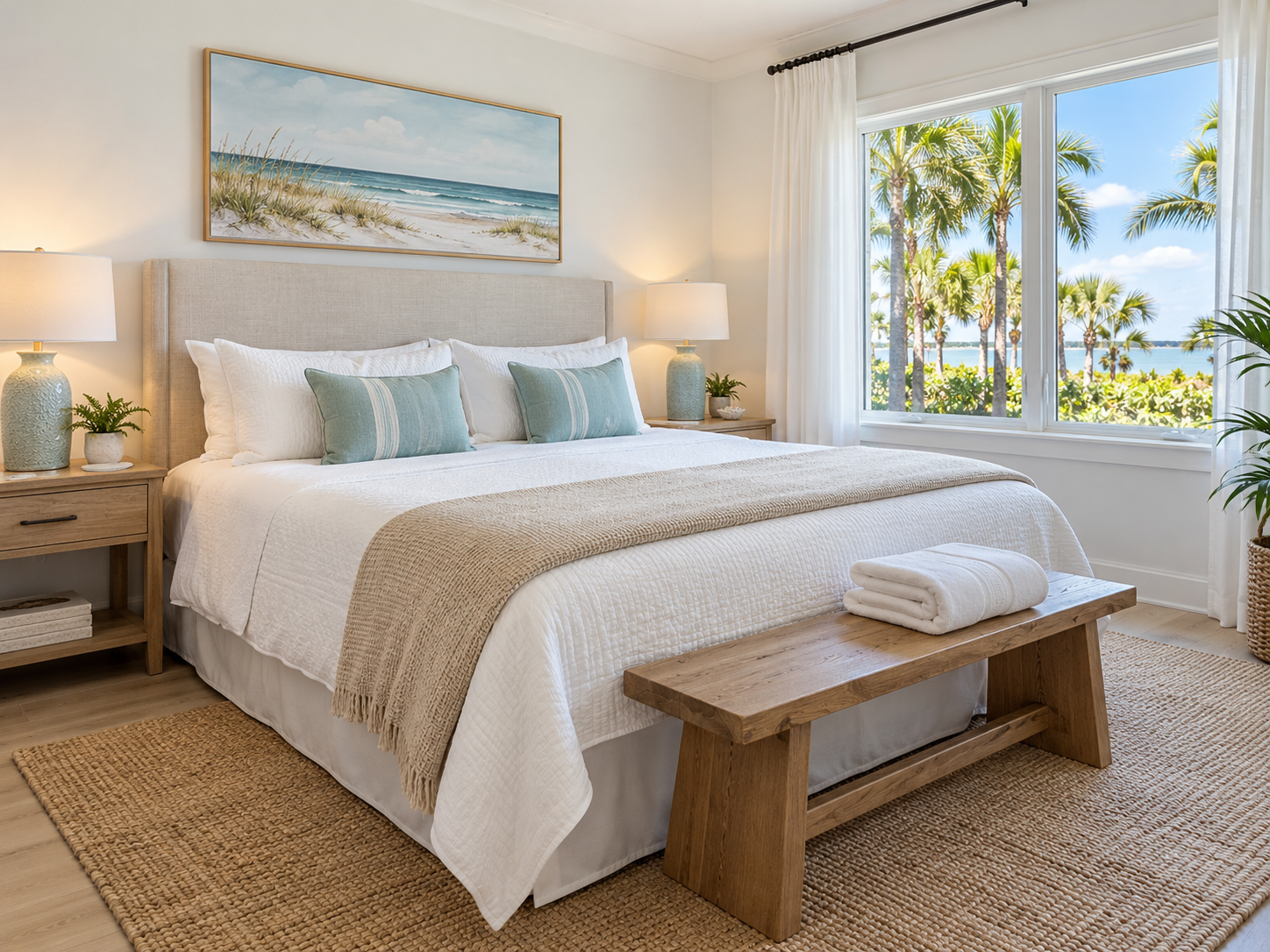 Bright bedroom with a neatly made bed, ocean artwork, and a bench by a sunny window overlooking palm trees