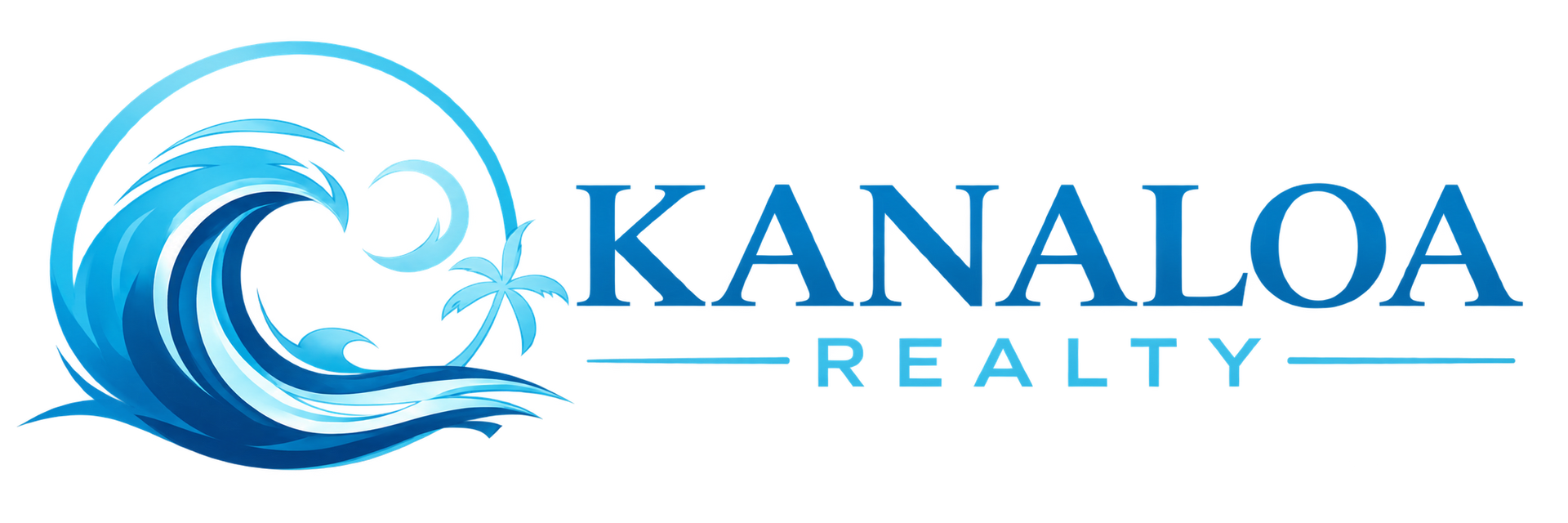A logo featuring two light blue palm trees above stylized ocean waves, with the text