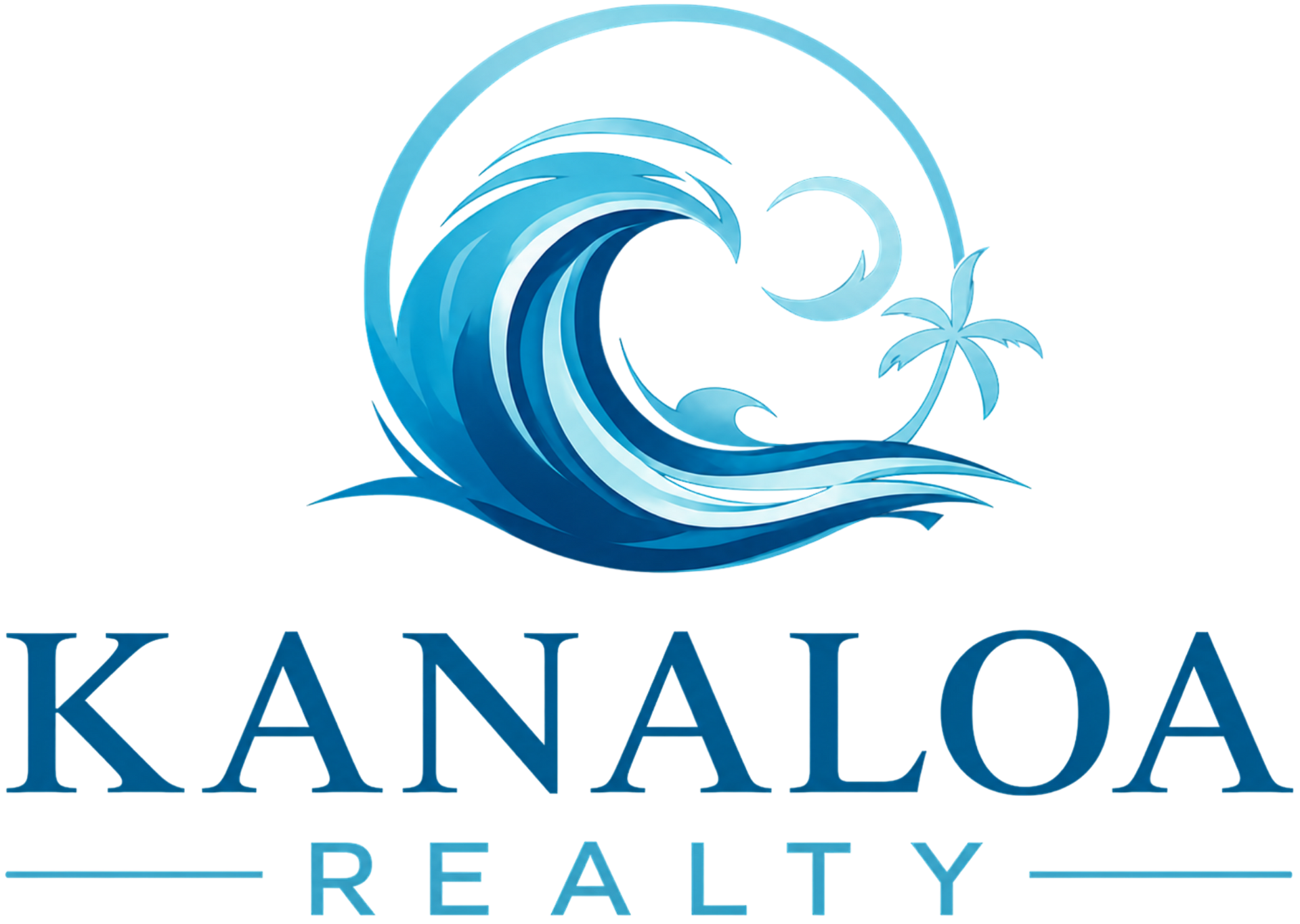 A logo featuring two light blue palm trees above stylized ocean waves, with the text