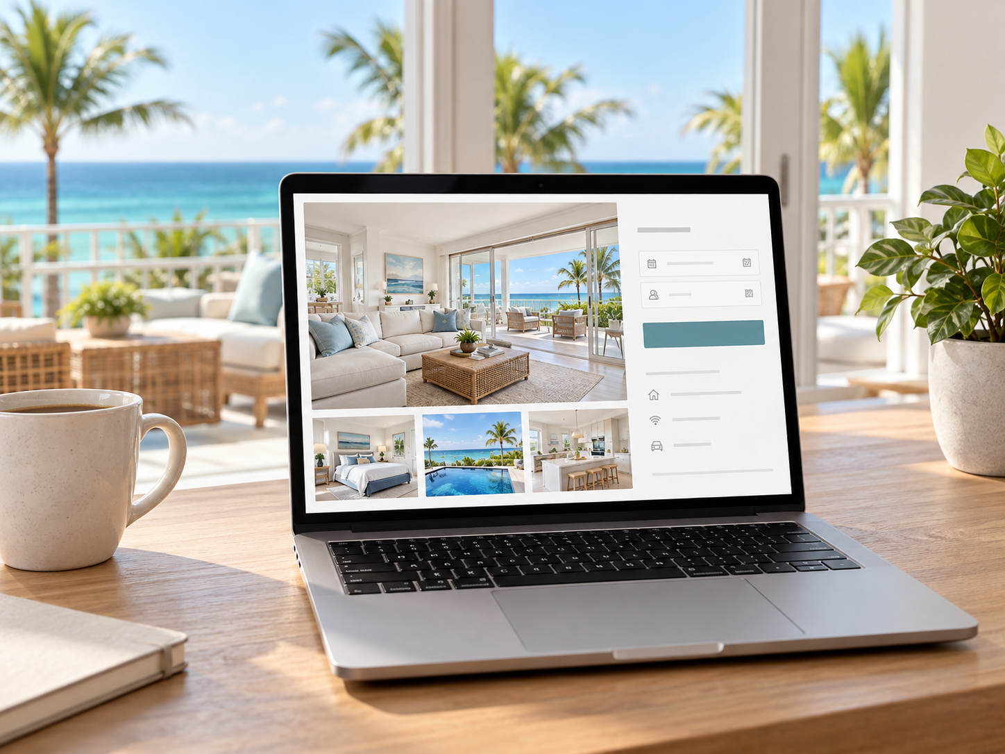 Laptop on a beachside table showing a bright hotel or resort website with ocean view