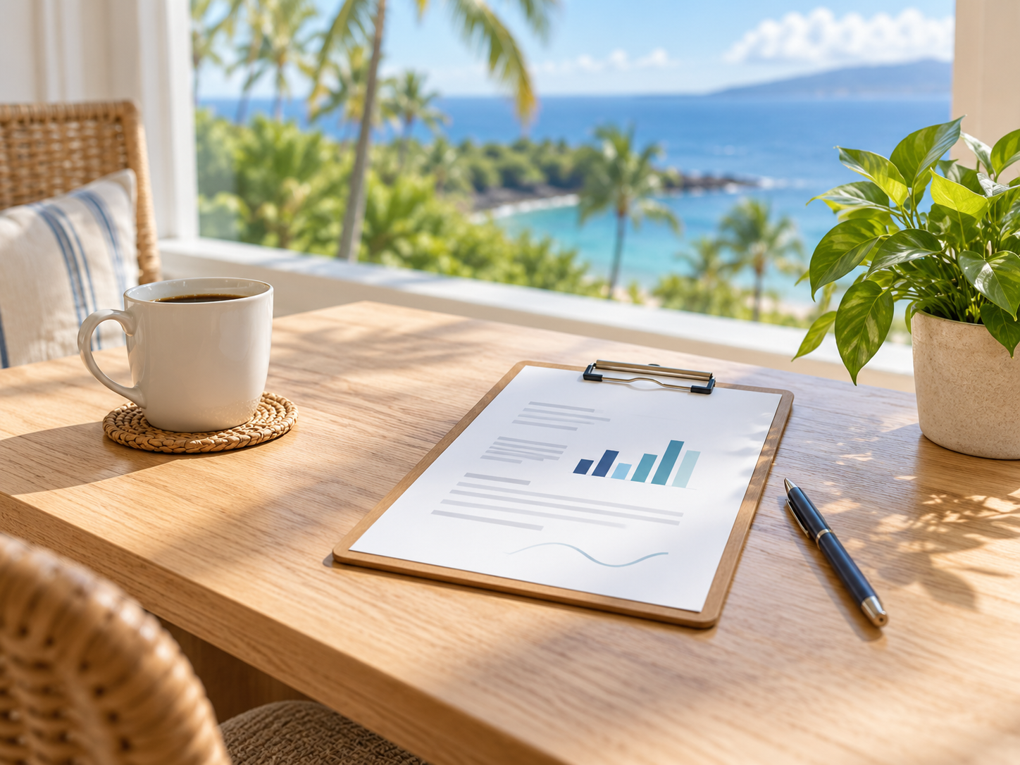 Clipboard with chart on sunlit patio table overlooking tropical ocean, with coffee mug and pen