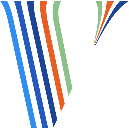 Abstract logo with blue, orange, and green curved stripes on white background
