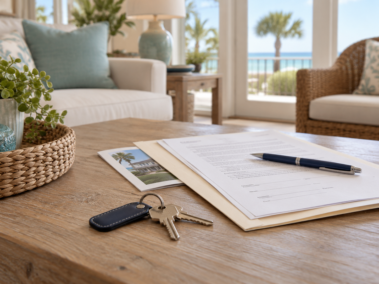 Clipboard with chart on sunlit patio table overlooking tropical ocean, with coffee mug and pen