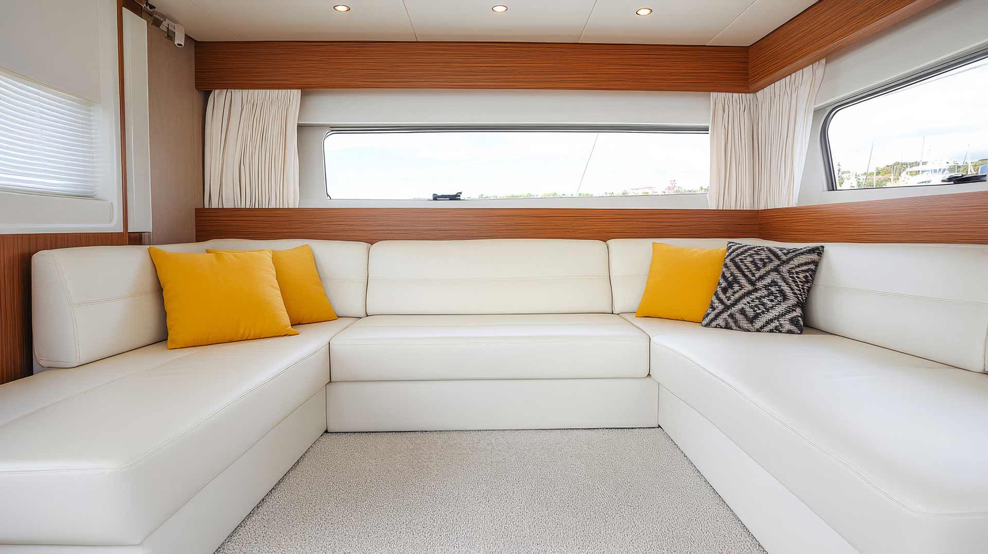 Una sala de estar con un sofá blanco y almohadas amarillas.