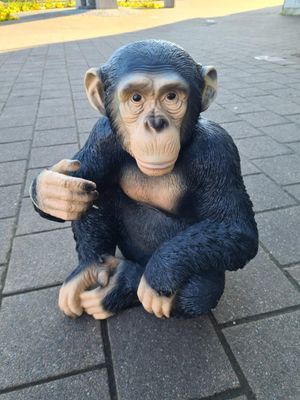 Een speelgoedchimpansee zit op een geplaveid pad en steekt een hand uit.