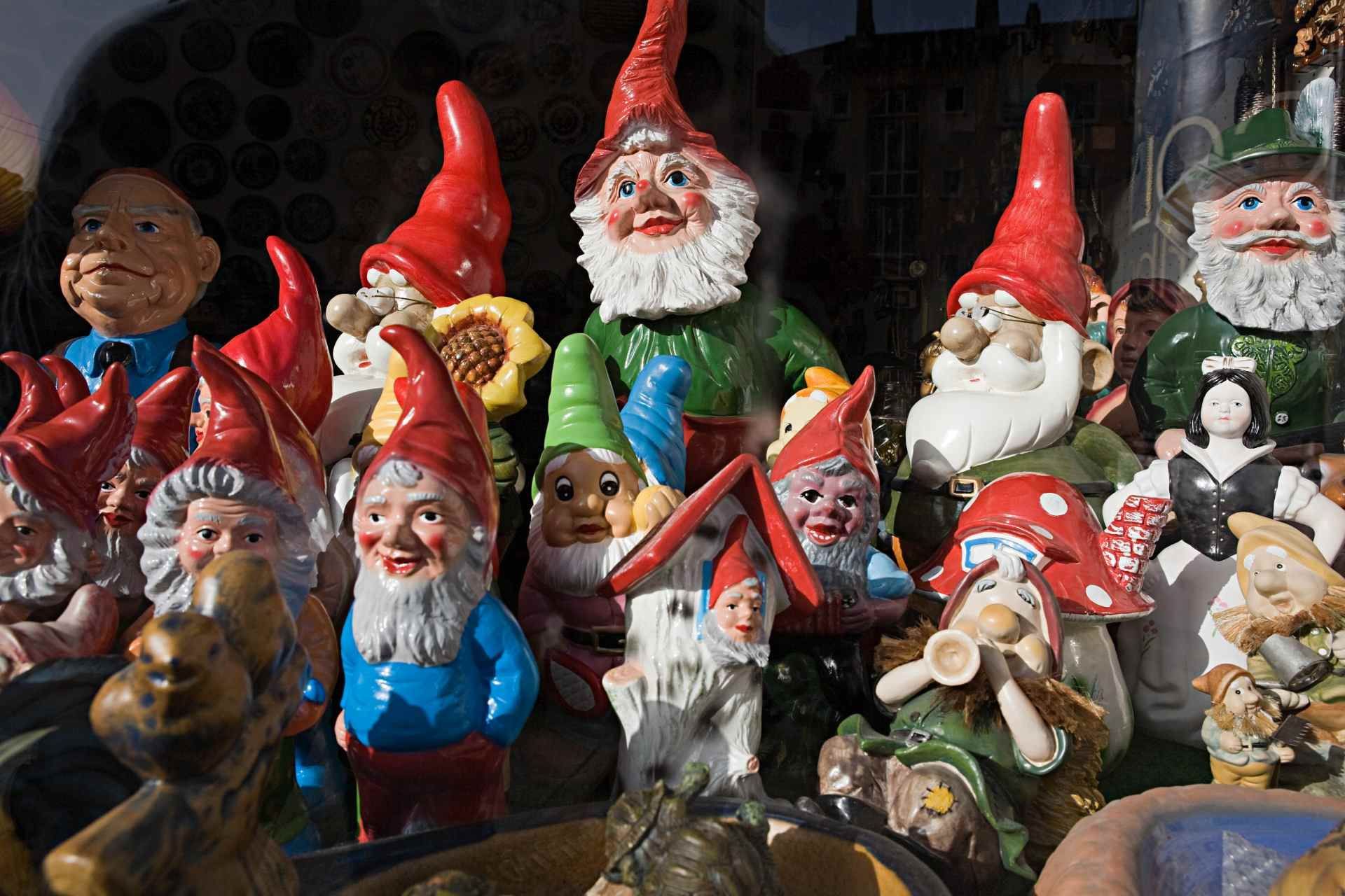 Diverse tuinkabouterbeeldjes met rode mutsen en baarden, dicht bij elkaar tentoongesteld in de buitenlucht.