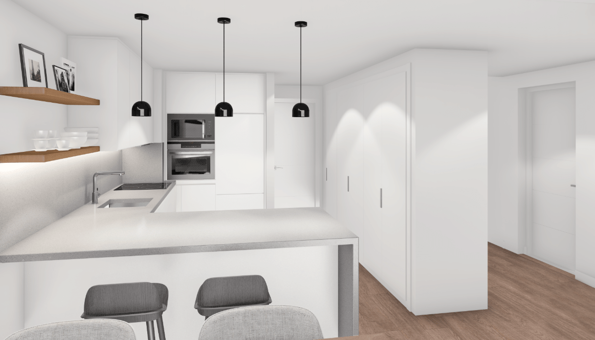 Una imagen generada por computadora de una cocina con gabinetes y taburetes blancos.