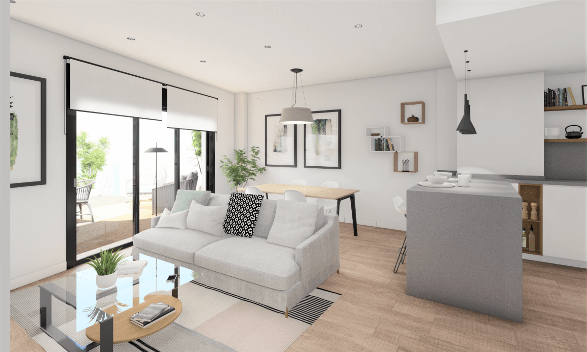 Una sala de estar con un sofá blanco y una mesa de café de cristal.