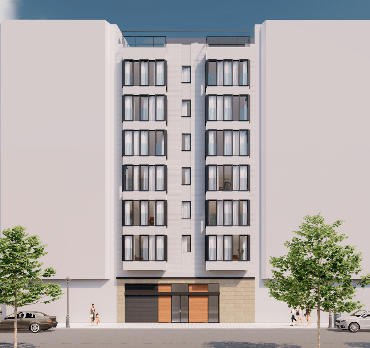 Impresión artística de un edificio con muchas ventanas.