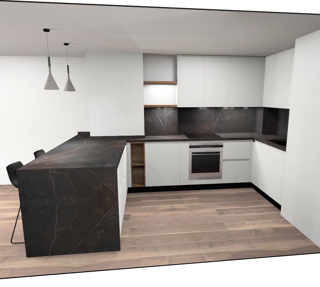 Una representación 3D de una cocina con gabinetes blancos y una encimera negra.