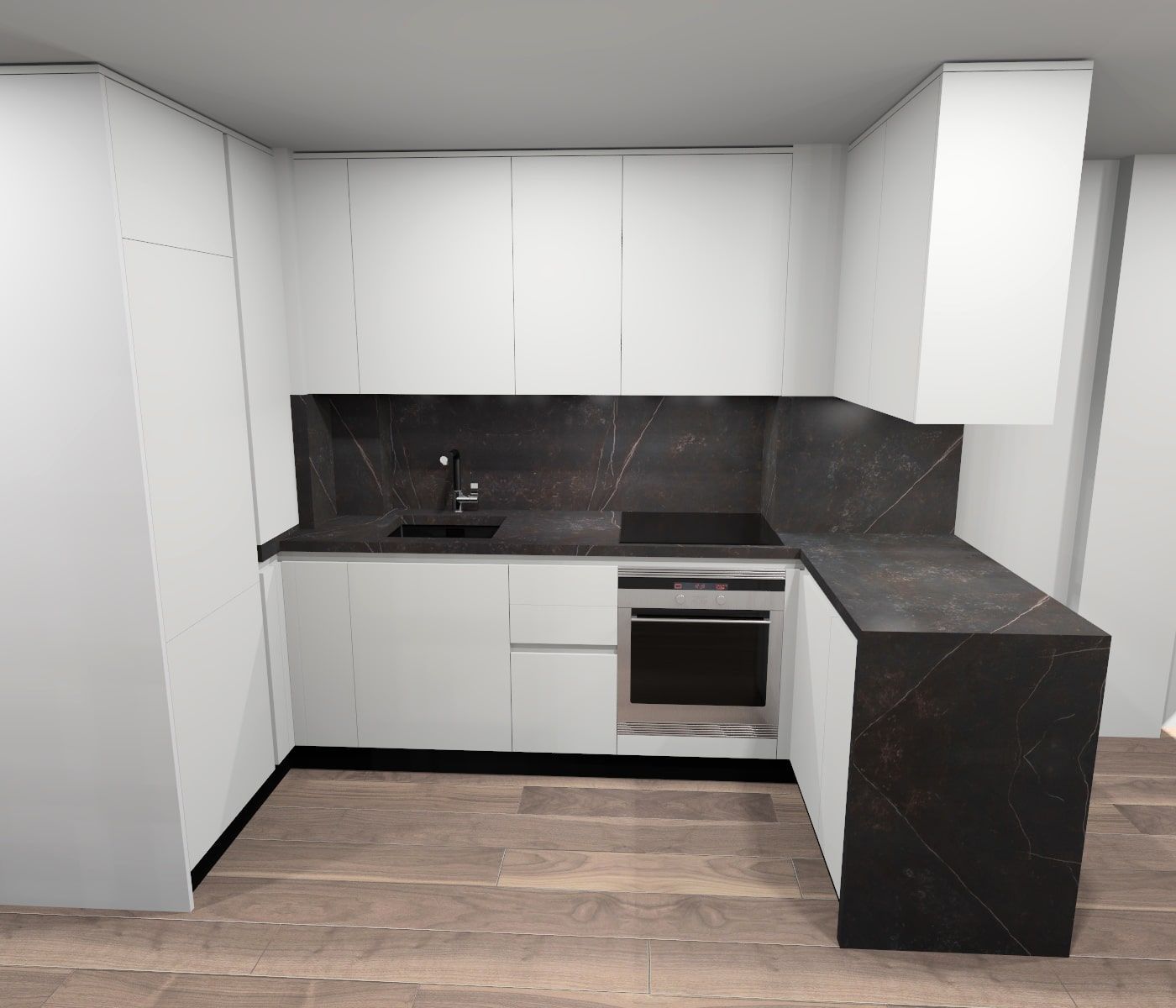 Una cocina con gabinetes blancos y encimeras negras.