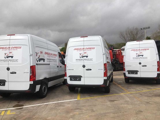 Una fila de furgonetas blancas están estacionadas en un estacionamiento.