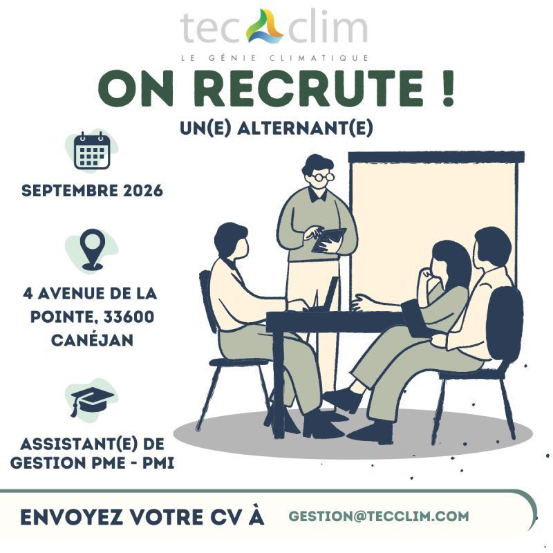 Affiche recrutement Tecclim: alternant assistant de gestion PME