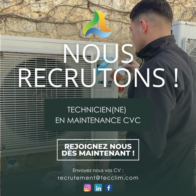 Affiche de recrutement pour technicien de maintenance CVC, avec un travailleur près d'une unité CVC