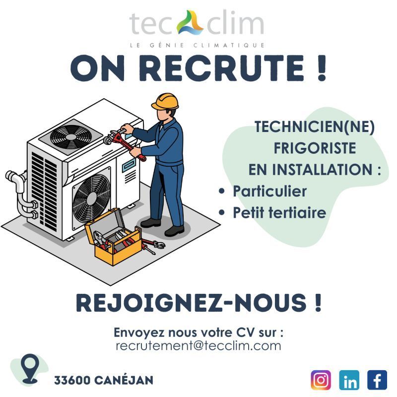 Affiche de recrutement Tecclim: technicien frigoriste installant une unité de climatisation, fond blanc et bleu.