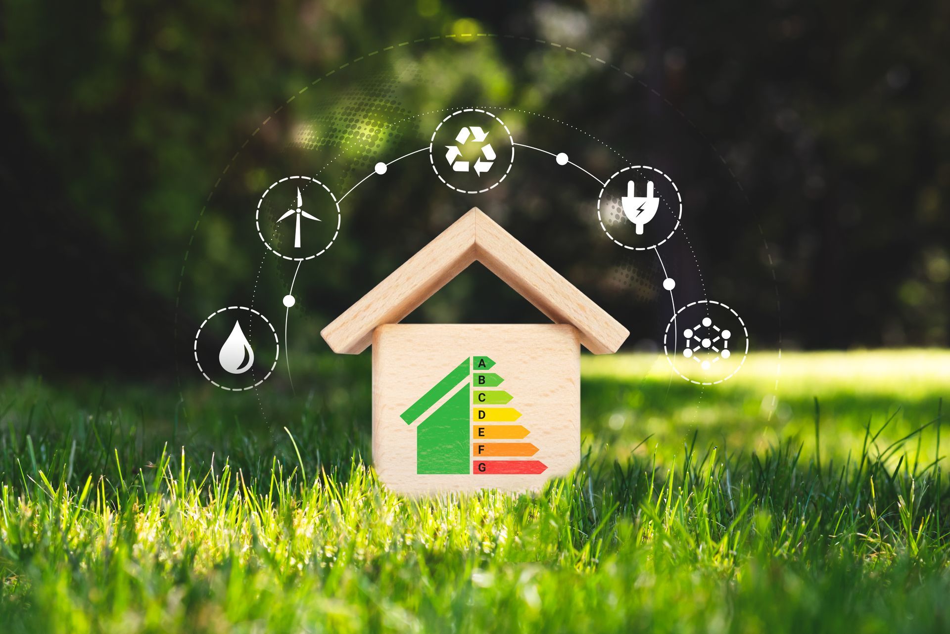 Maison en bois entourée de symboles de l'énergie et du développement durable