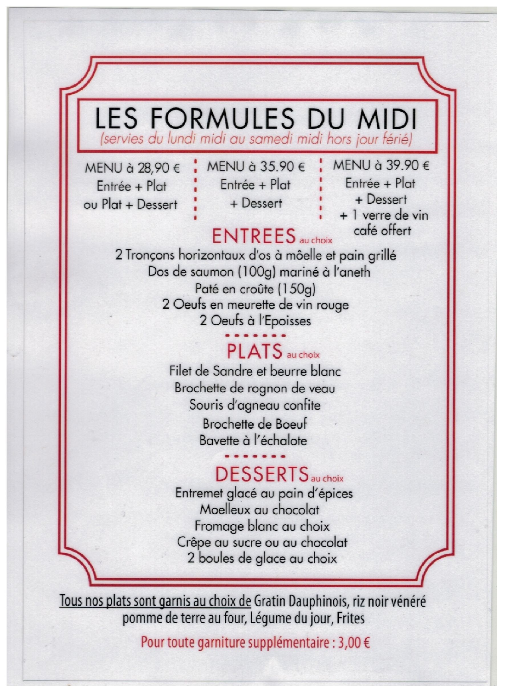 Carte des formules du midi 