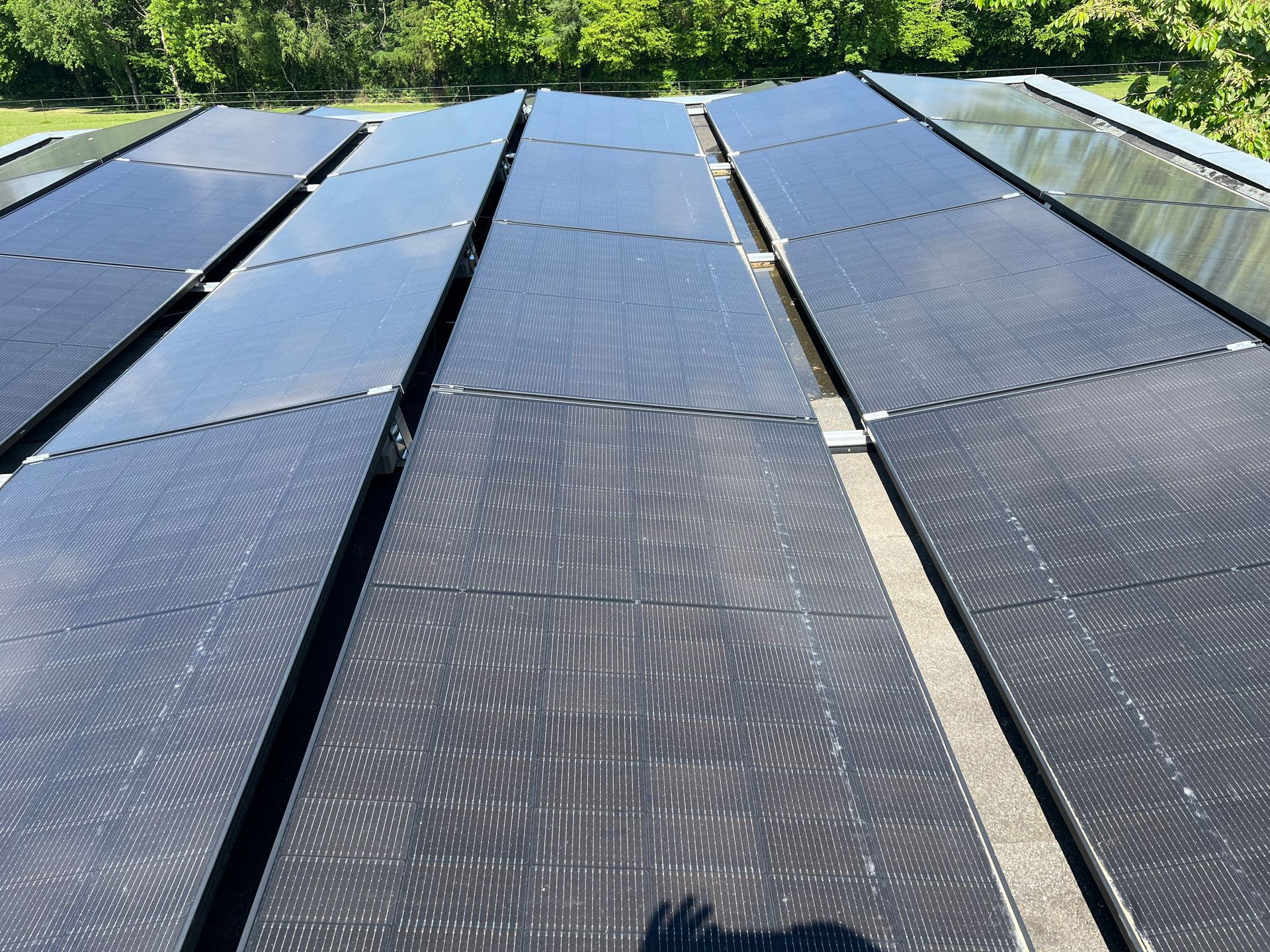 Reihen dunkler Solarpaneele auf einem Dach, im Hintergrund Bäume.
