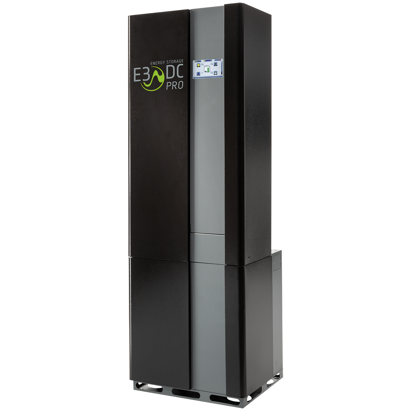 Schwarz-graue Energiespeichersystemeinheit E3/DC Pro. Hohes, vertikales Gehäuse.