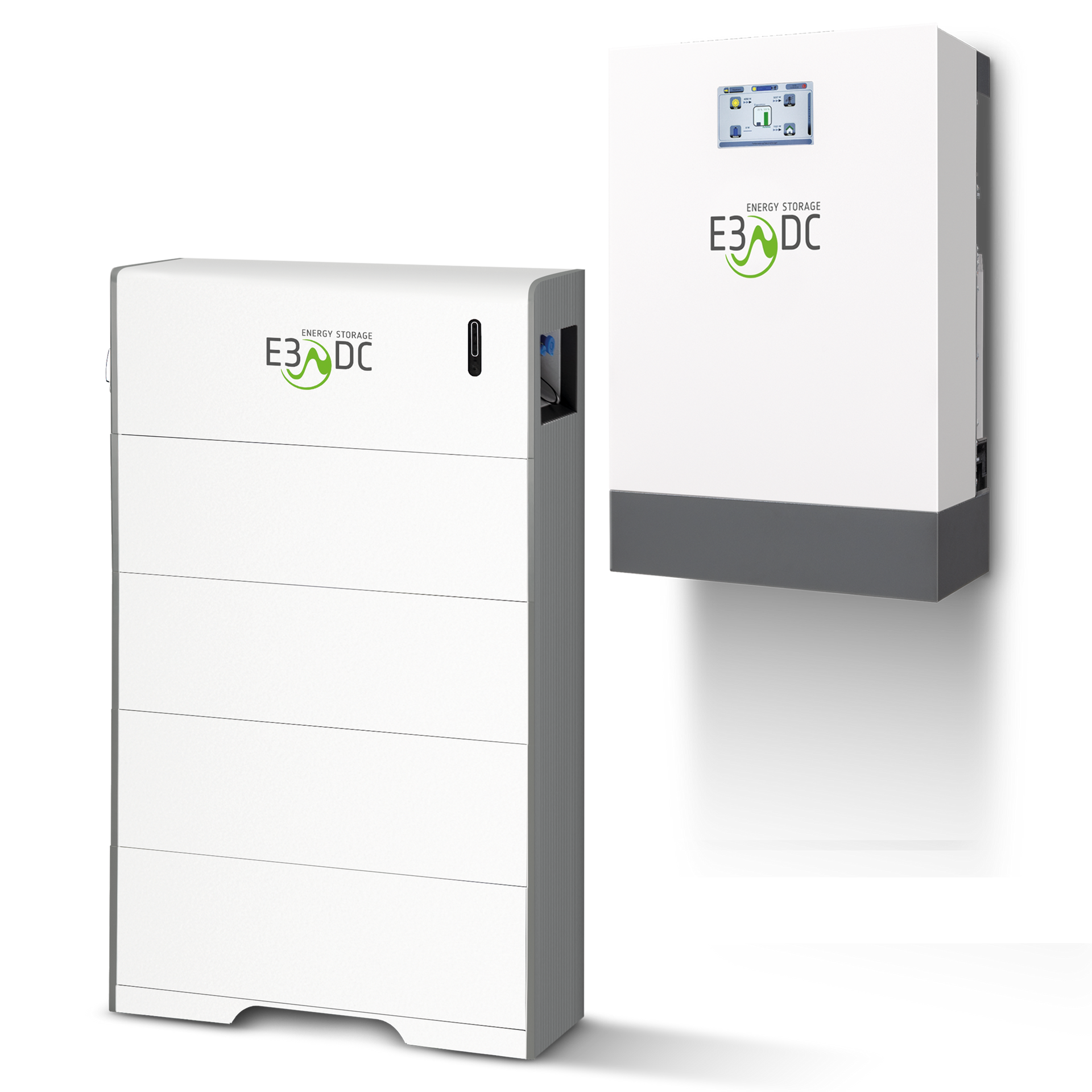 Weißer E3/DC-Energiespeicher: Eine hohe Batterieeinheit neben einem wandmontierten Wechselrichter, beide mit dem Markenlogo.