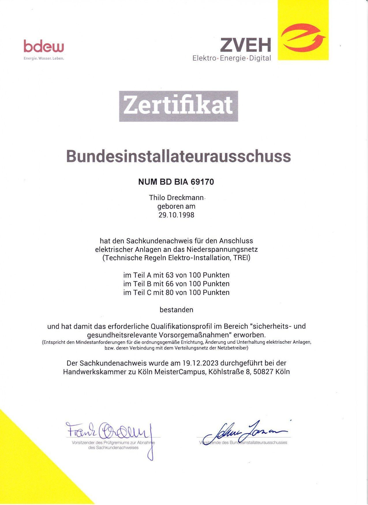 Zertifikat des Bundesinstallateurausschusses mit Text und Logos, einschließlich bdeW und ZVEH.