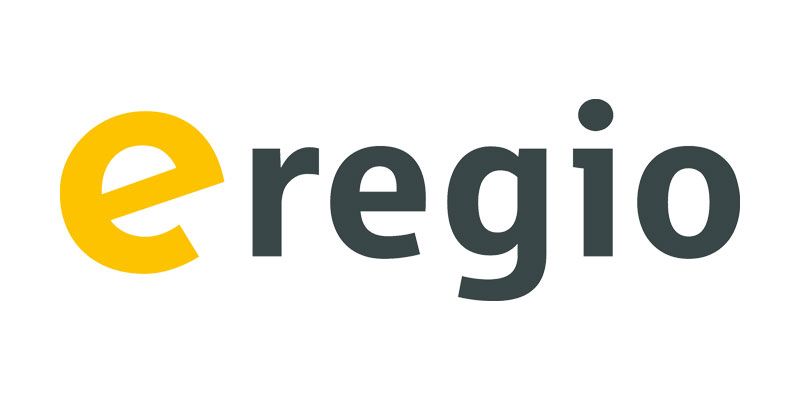E regio-Logo mit gelbem „e“ und dunkelgrauem „regio“.