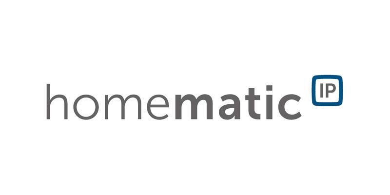 Logo für Homematic IP mit dem Markennamen in Grau und einem kleinen „IP“-Symbol in einem blauen Quadrat.
