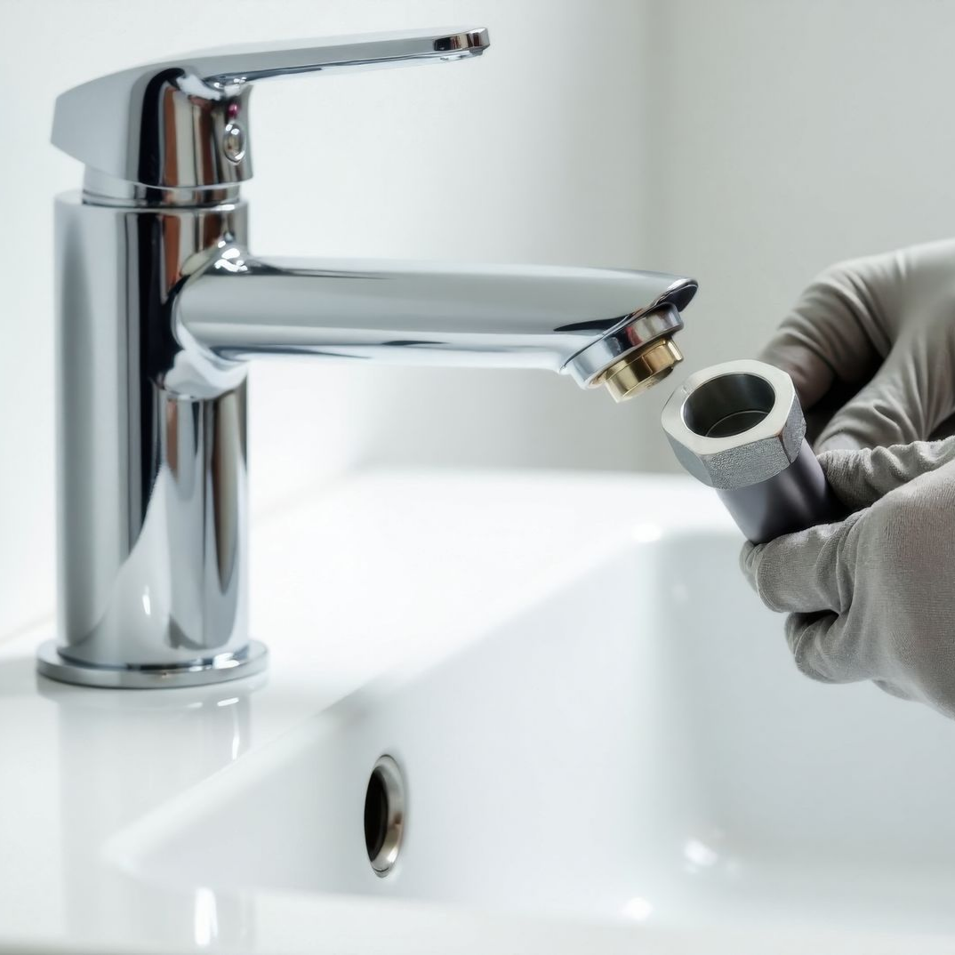 Des mains gantées travaillent sur un robinet chromé, dans un lavabo blanc.