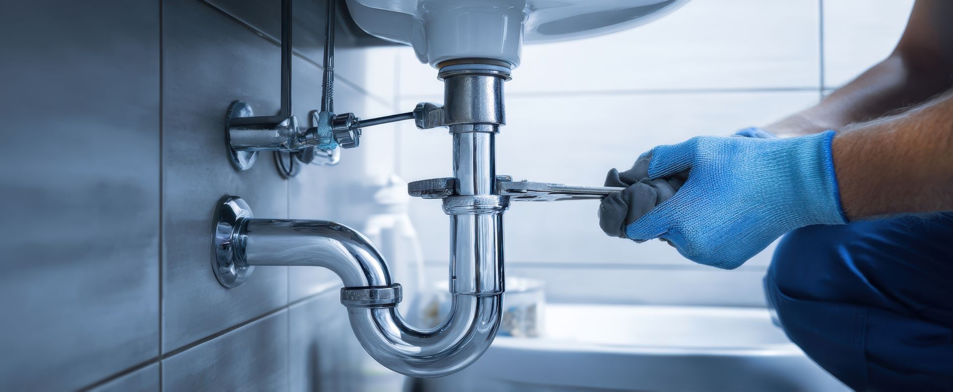 Plombier portant des gants bleus, réparant des tuyaux sous un évier blanc.